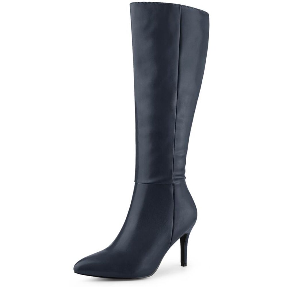 High Heels Pointed Stiletto Heel Knee High Boots Navy Blue